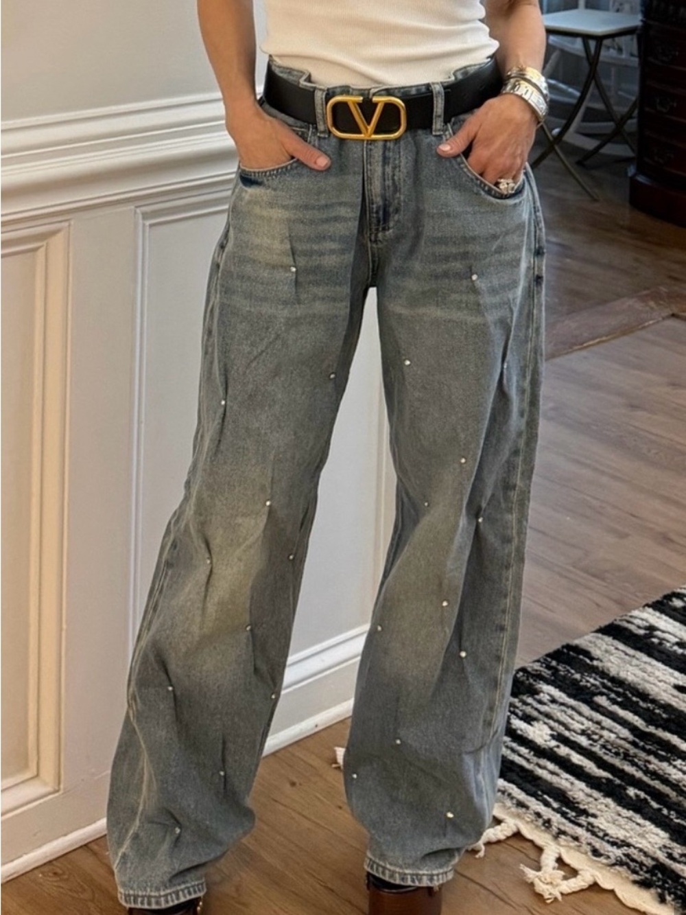 Shopevelyn Signature 8 Gray Wide-Leg Jeans with Stud Accents